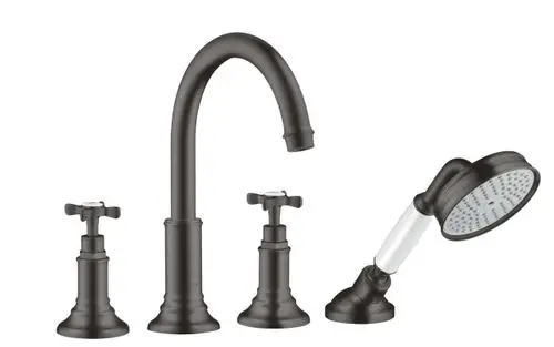 AXOR Armatur mit vier Funktionen, einschließlich eines gebogenen Auslaufs und Kreuzgriffen, in Brushed Black Chrome. Bitte beachten, dass kein spezifischer Modellname sichtbar ist.